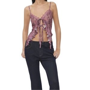 Cider Carmine Lace Ruffle Tie-Front Floral Cami Top – Size L (US 8)